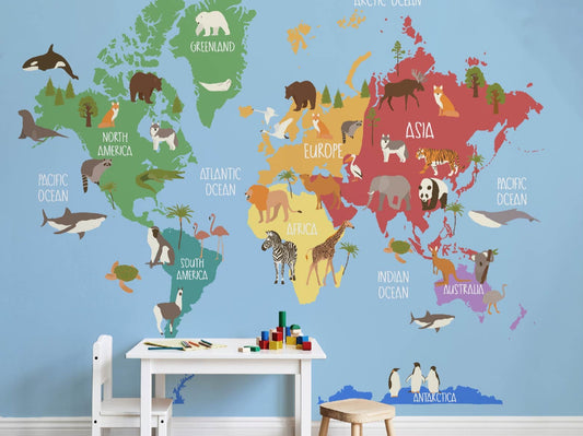 Animal World Map - Light Blue
