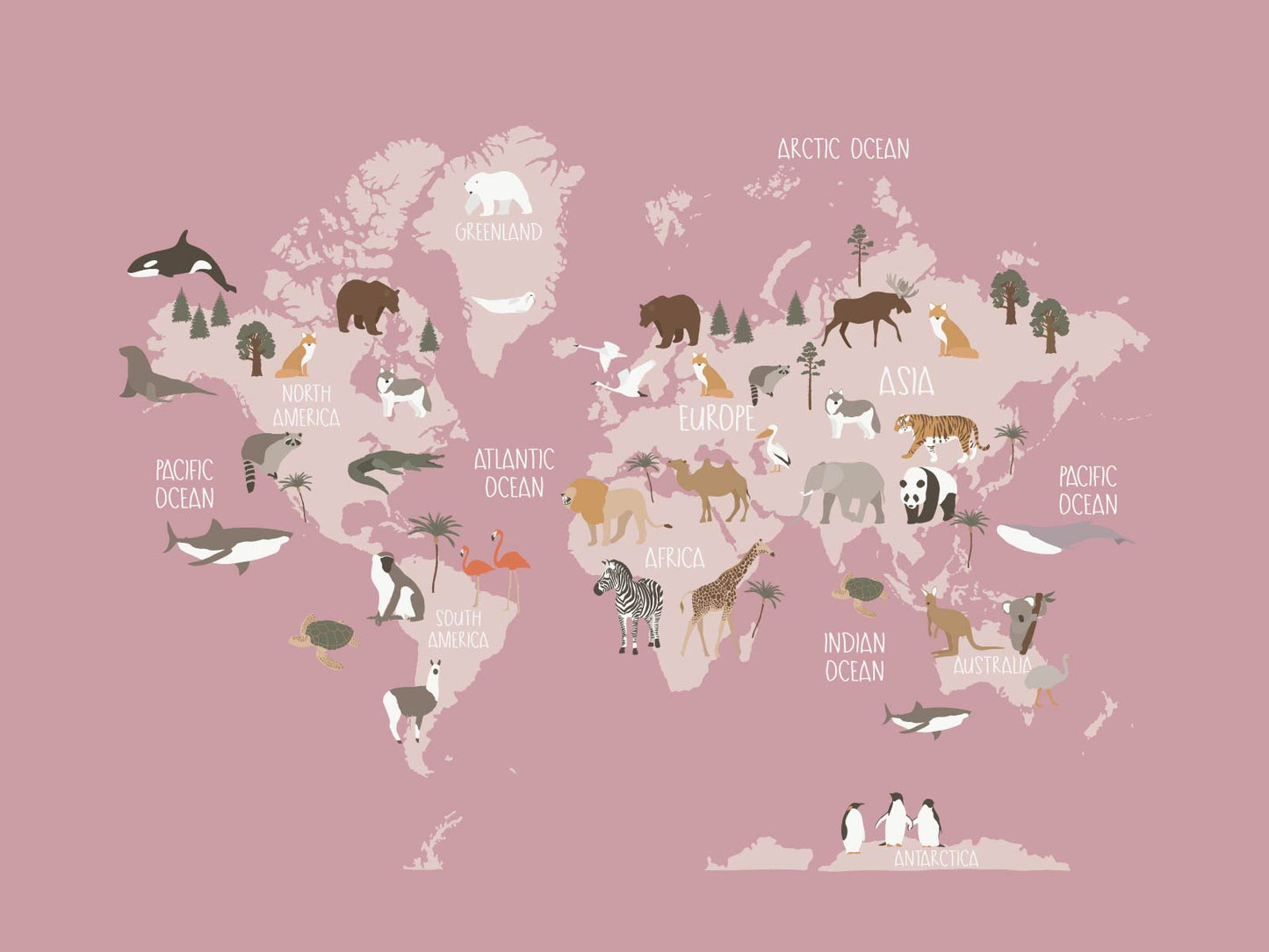 Animal World Map - Pink