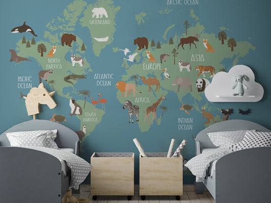 Animal World Map - Blue