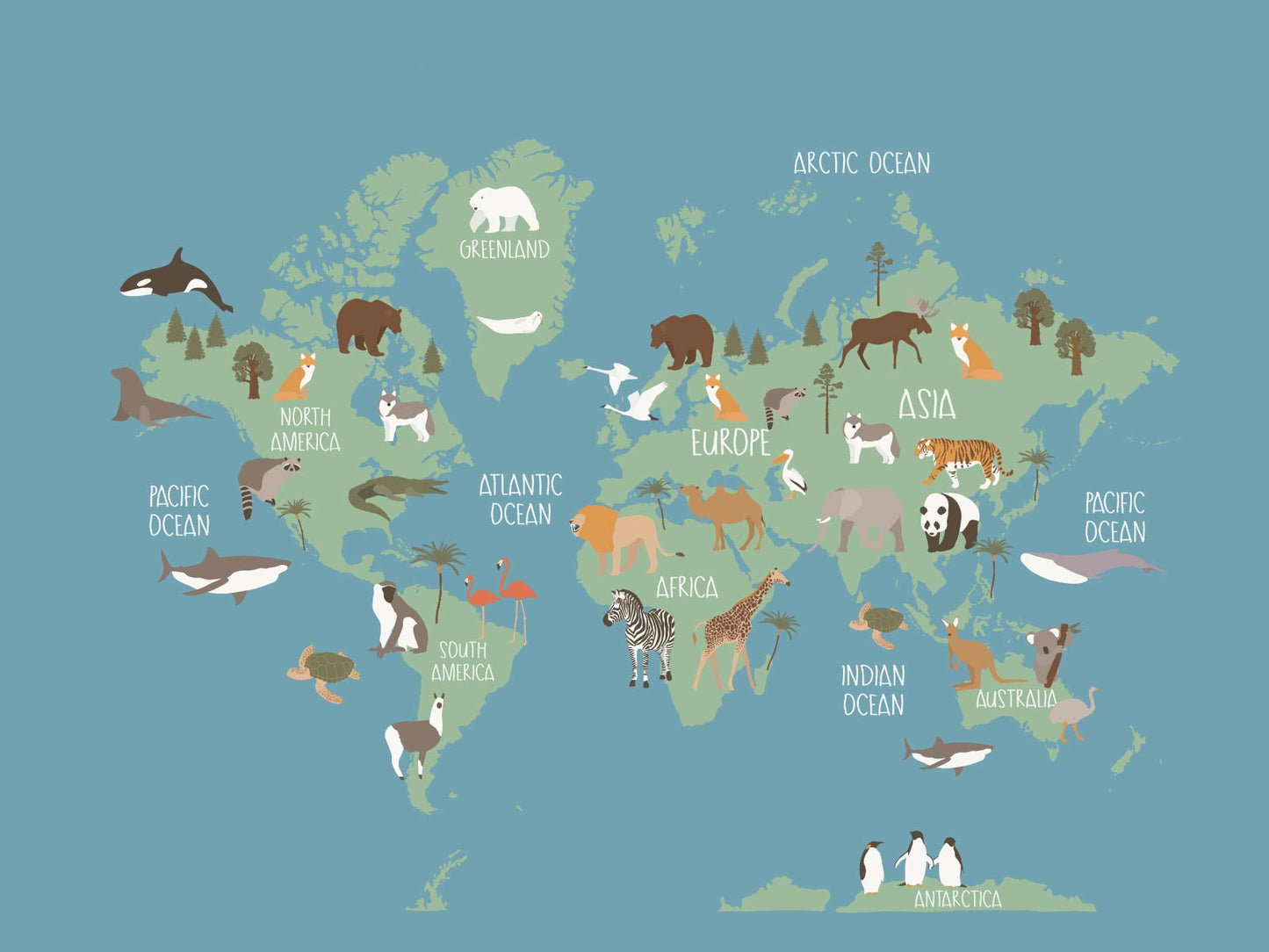 Animal World Map - Blue