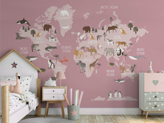 Animal World Map - Pink
